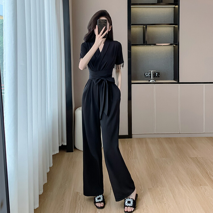 黒ラップスタイル✨オールインワン✨パンツドレス PourVous パンツドレス オールインワン パーティー 結婚式