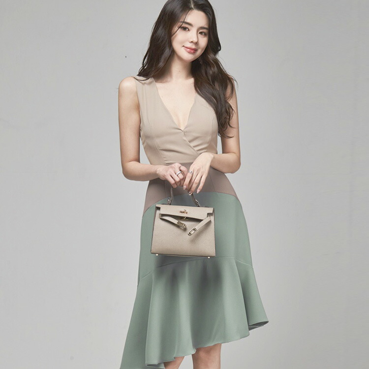 送料無料 パーティードレス カラー切替 アシンメトリーワンピース ミディアム丈 前後vネック 春夏 夏ワンピ ノースリーブ きれいめ 華やかおしゃれ 大人セクシー S M L Xl 大きいサイズ Jsファッション 0709 7月新作 Sermus Es