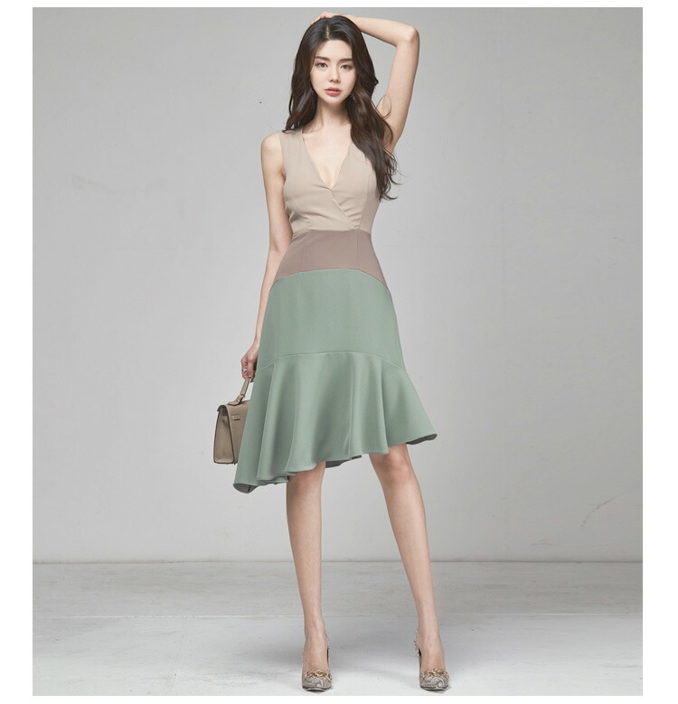 送料無料 パーティードレス カラー切替 アシンメトリーワンピース ミディアム丈 前後vネック 春夏 夏ワンピ ノースリーブ きれいめ 華やかおしゃれ 大人セクシー S M L Xl 大きいサイズ Jsファッション 0709 7月新作 Sermus Es