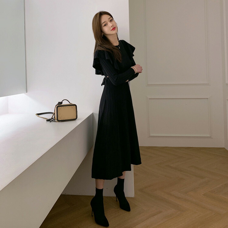 送料無料 ニットワンピース 全3色 肩フリル ウエストリボン ロングワンピース プリーツワンピース ミモレ丈 ロング丈 長袖 フレアライン 秋冬 きれいめ デイリーおしゃれ 大人カジュアル フリーサイズ F Jsファッション 0915 9月新作 Brocamarketing Com