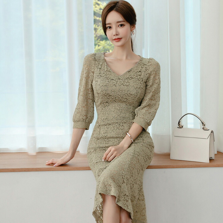 送料無料 パーティードレス マーメイドライン 総レースワンピース Vネック ミディアム丈 膝下丈 ミモレ丈 袖あり きれいめ 華やかおしゃれ 大人セクシー S M L Xl 大きいサイズ 大人可愛い Jsファッション 1112 11月新作 Cdm Co Mz