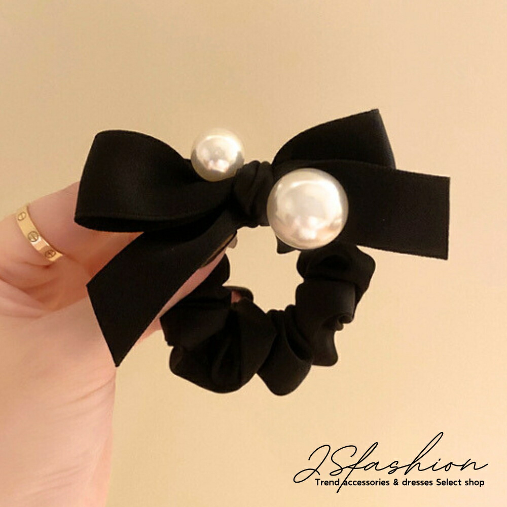 パール付きヘアゴムシュシュ黒と赤 リトルムーン シュシュ 黒 シフォン サテン ヘアゴム ヘア