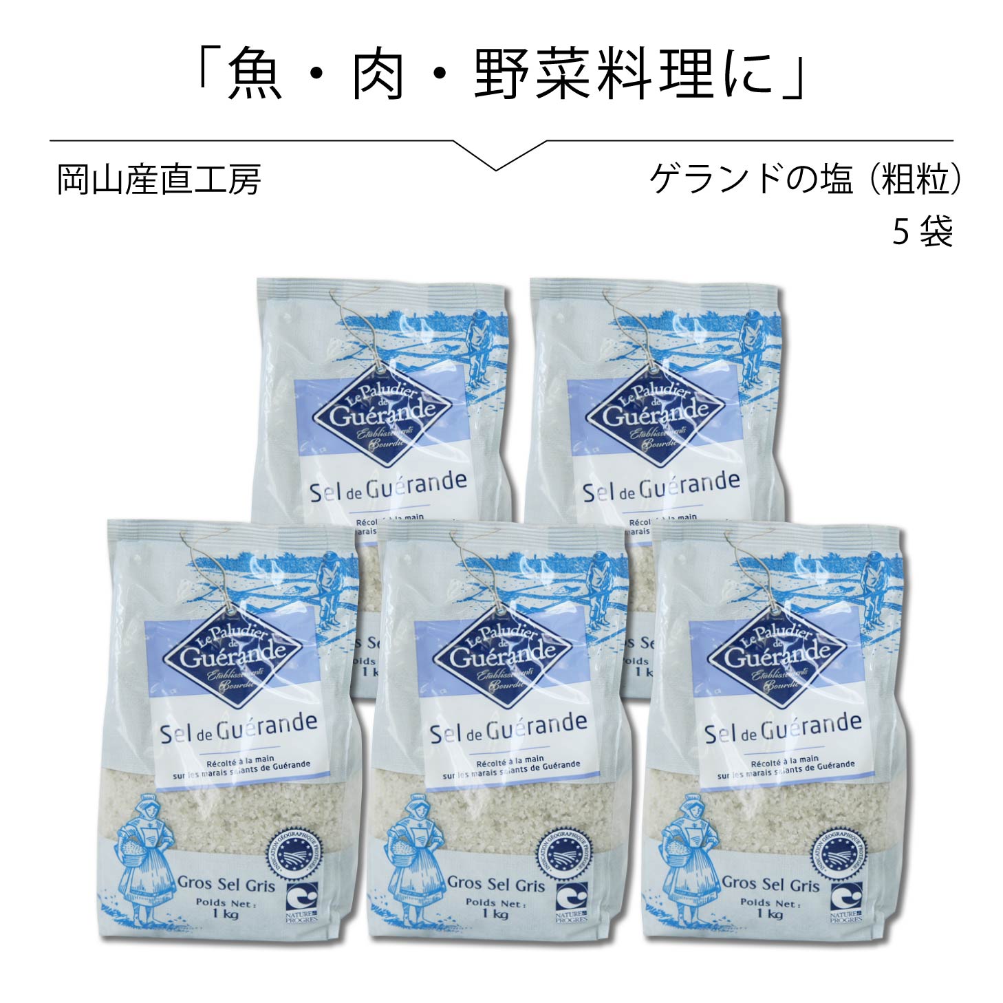 ゲランドの塩 あら塩 1kg × 5袋セット セルマランドゲランド アクアメール 海塩 無添加 無着色 パスタ塩 業務用 フランス有機農業推進団体認定品 フランス 塩 北海道沖縄一部地域配送不可