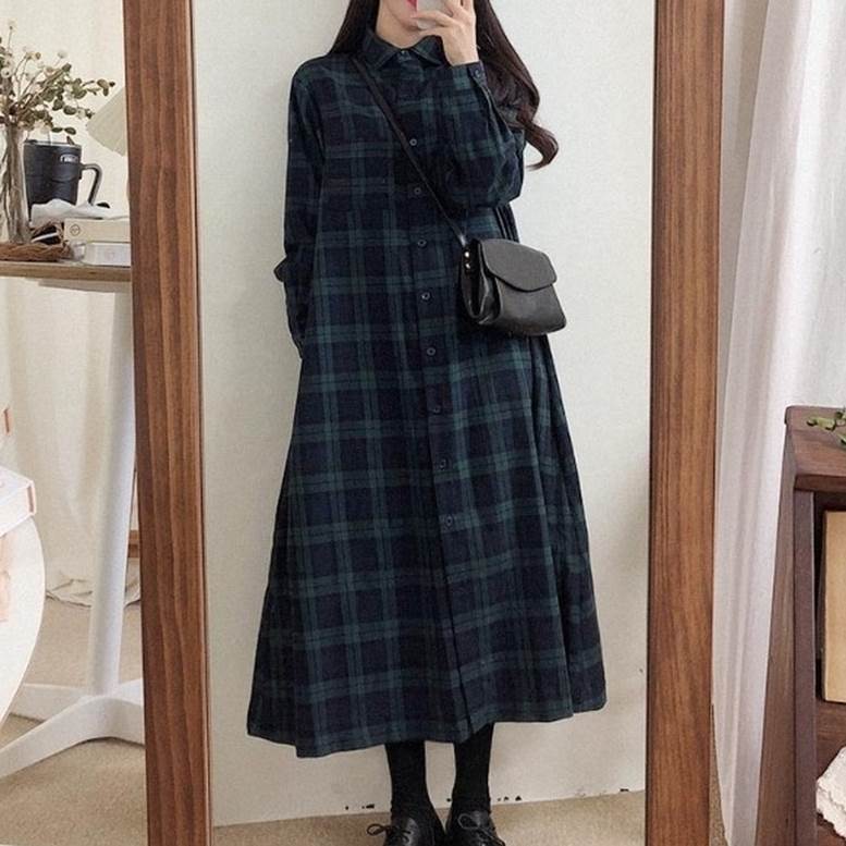ワンピース シャツワンピ レディース チェック柄 襟付き ボタン 長袖 春 秋 冬 ロング丈 ミモレ丈 個性的 前開き プリント シャツ ドレス 緑 大人可愛い きれいめ 上品 レトロ キュート ガーリー ルーズ エレガント 普段着