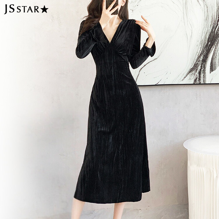 楽天市場】ベロアワンピ パールネック 無地 パーティードレス 長袖