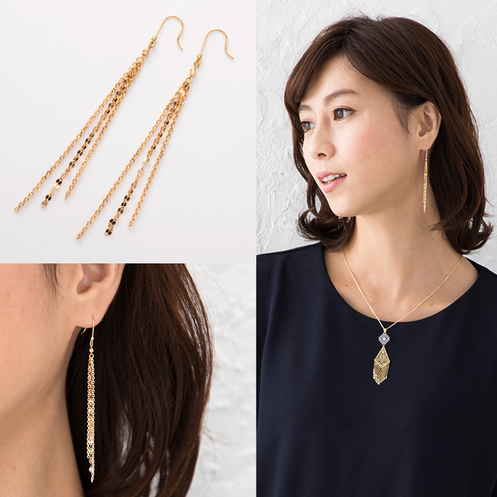 刻印入りK18 ツイストデザイン ロングピアス ピアス チェーンピアス k18 18k 18金 イエローゴールド スタッド