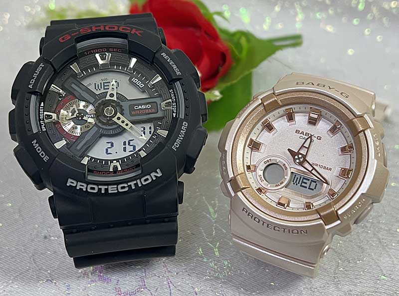 【愛の証 一緒にタフな時を刻もう】Gショック ペアウオッチ G-SHOCK BABY-G ペア腕時計 カシオ 2本セット GA-110-1AJF BGA-280BA-4AJF 電池式 アナデジ お揃い 人気 婚約夫婦 高級クリスマス プレゼント 誕生日 御祝い還暦 銀婚式 結婚記念日 婚約|時計のジュエリータイム ムラタ