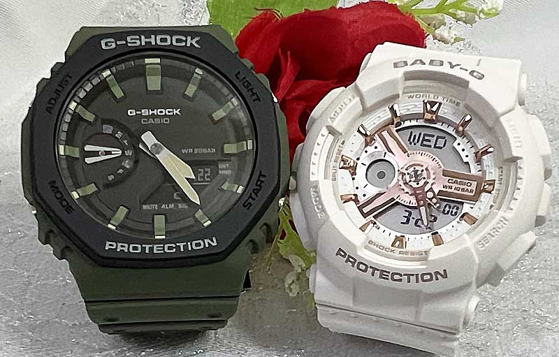 【愛の証 一緒にタフな時を刻もう】Gショックペアウオッチ G-SHOCK ペア腕時計 カシオ GA-2110SU-3AJF　BA-110XRG-7AJF ラッピング無料 メッセージカード手書きします婚約夫婦 高級クリスマス プレゼント誕生日 御祝い還暦 銀婚式 結婚記念日 婚約｜時計のジュエリータイム　ムラタ