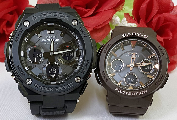 【愛の証 一緒にタフな時を刻もう】Gショック ペアウオッチ gショック 人気 婚約　夫婦 高級　クリスマス プレゼント おすすめG-SHOCK BABY-G カシオ 2本セット 電波ソーラー GST-W100G-1BJF BGA-2510-5AJF 誕生日 御祝い 銀婚式 結婚記念日 婚約｜時計のジュエリータイム　ムラタ