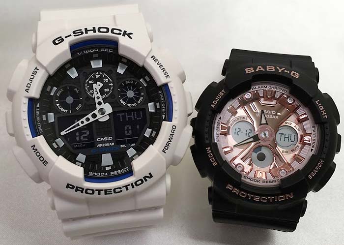 【愛の証 一緒にタフな時を刻もう】ペアウオッチ gショックGショック ペアウォッチ G-SHOCK BABY-G ペア腕時計 カシオ 2本セット アナデジ GA-100B-7AJF BA-130-1A4JF お揃い プレゼント 新品　人気 婚約　夫婦 高級　クリスマス プレゼント おすすめ｜時計のジュエリータイム　ムラタ