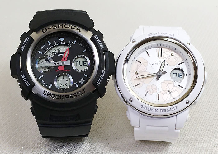 【愛の証 一緒にタフな時を刻もう】Gショック ペアウオッチ G-SHOCK BABY-G ペア腕時計 カシオ 2本セット gショック ベビーg AW-590-1AJF BGA-150FL-7AJF ブランド 婚約 夫婦 高級 クリスマス プレゼント誕生日 御祝い還暦 銀婚式 結婚記念日 婚約｜時計のジュエリータイム　ムラタ