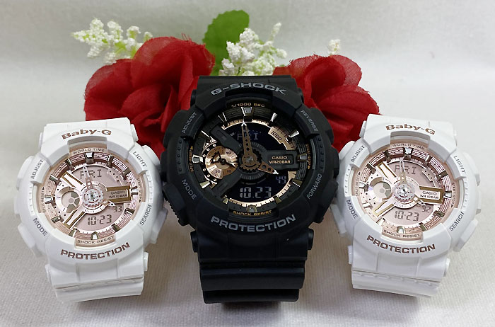 【愛の証 一緒にタフな時を刻もう】Gショック トリプルウオッチ G-SHOCK BABY-G トリプル腕時計 カシオ 3本セット アナデジ GA-110RG-1AJF BA-110X-7A1JF 手書きのお付けします 人気 婚約　夫婦 高級　クリスマス プレゼント おすすめ｜時計のジュエリータイム　ムラタ