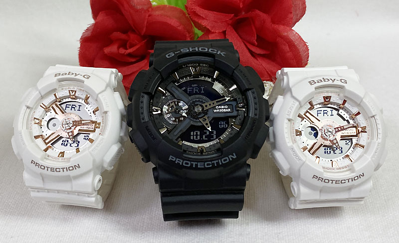 【愛の証 一緒にタフな時を刻もう】ペアウオッチ gショックGショック トリプルウオッチ G-SHOCK BABY-G トリプル腕時計 カシオ 3本セット アナデジ GA-110-1BJF BA-110XRG-7AJF 婚約　夫婦 高級　クリスマス プレゼント｜時計のジュエリータイム　ムラタ