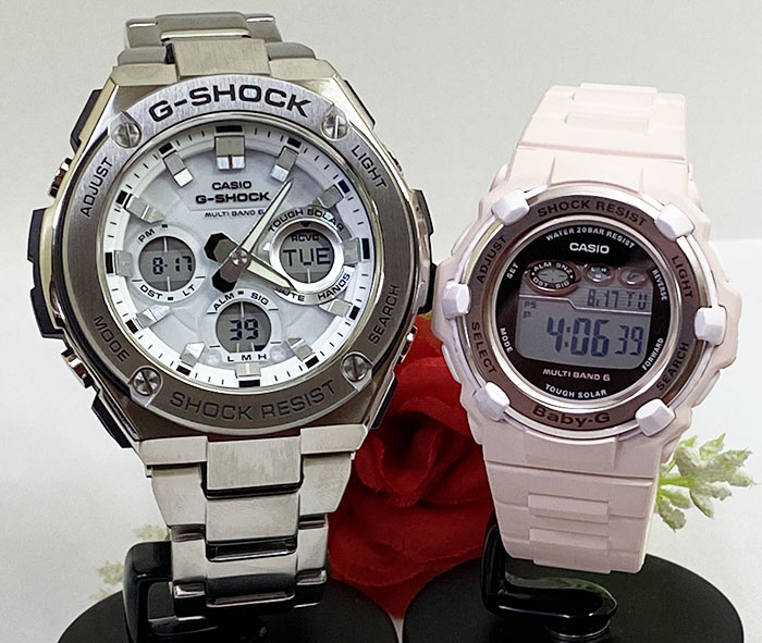 【愛の証 一緒にタフな時を刻もう】ペアウオッチ gショックGショックペアウオッチgショック 人気 婚約　夫婦 高級　クリスマス プレゼント おすすめ G-SHOCK BABY-G ペアウォッチ カシオ 2本セット 電波ソーラーGST-W110D-7AJF BGR-3000UCB-4JF｜時計のジュエリータイム　ムラタ