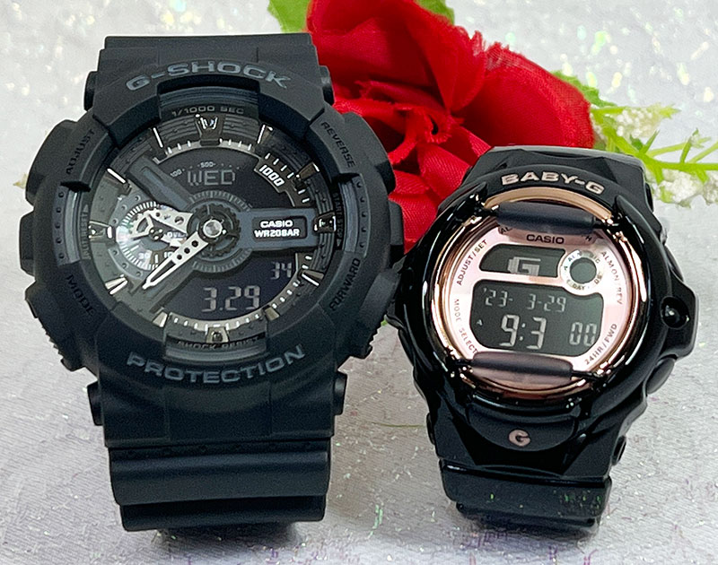 【愛の証 一緒にタフな時を刻もう】Gショックペアウオッチ G-SHOCK BABY-G ペア腕時計 カシオ 2本セット アナデジ GA-110-1BJF BG-169U-1CJF ブラックピンクゴールド クリスマス 誕生日 御祝い還暦 銀婚式 結婚記念日夫婦 高級プレゼント｜時計のジュエリータイム　ムラタ
