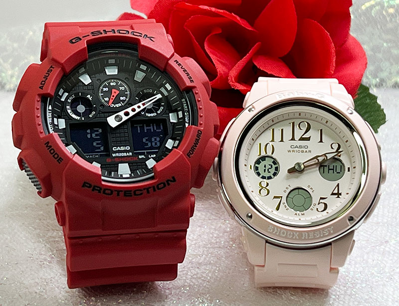 【愛の証 一緒にタフな時を刻もう】Gショック ペアウオッチ G-SHOCK BABY-G ペア腕時計 カシオ 2本セット GA-100B-4AJF BGA-150EF-4BJFプレゼント ギフト 婚約　夫婦 高級クリスマス プレゼント おすすめ 誕生日 御祝い還暦 銀婚式 結婚記念日 婚約｜時計のジュエリータイム　ムラタ