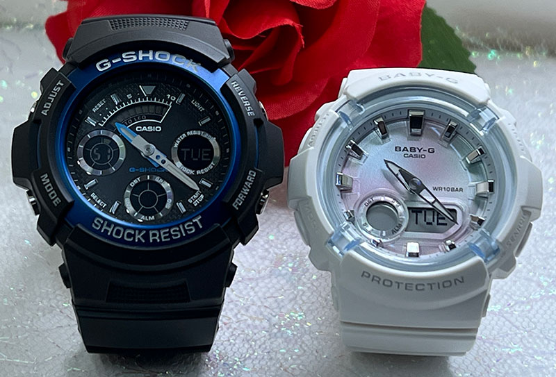 【愛の証 一緒にタフな時を刻もう】ペアウオッチ gショックGショックペア G-SHOCK BABY-G ペアウォッチ ペア腕時計 カシオ 2本セット アナデジ AW-591-2AJF BGA-280-7AJF お揃い 新品 手書きします　婚約　夫婦 高級　クリスマス プレゼント｜時計のジュエリータイム　ムラタ