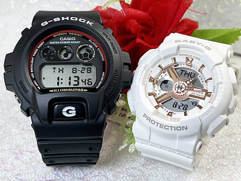 【愛の証 一緒にタフな時を刻もう】ペアウオッチ gショック Gショックペアウォッチ G-SHOCK BABY-G ペア腕時計 カシオ 2本セット アナデ DW-6900RL-1JFBA-110RG-7AJF お揃い 新品　人気 婚約　夫婦 高級　クリスマス プレゼント 白｜時計のジュエリータイム　ムラタ