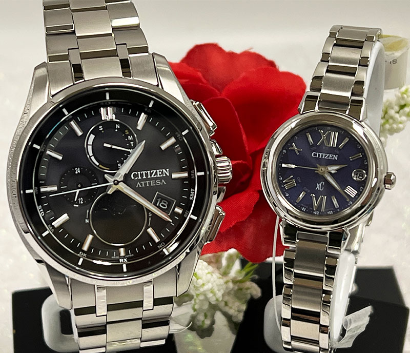【これからの未来もあなたと一緒に刻みたい】ペアウオッチ CITIZEN 腕時計 アテッサ BY1001-66E チタン製 クロスシー ES9430-54L ステンレス エコドライブ電波時計 2本セット アナログ パーペチュアルカレンダー