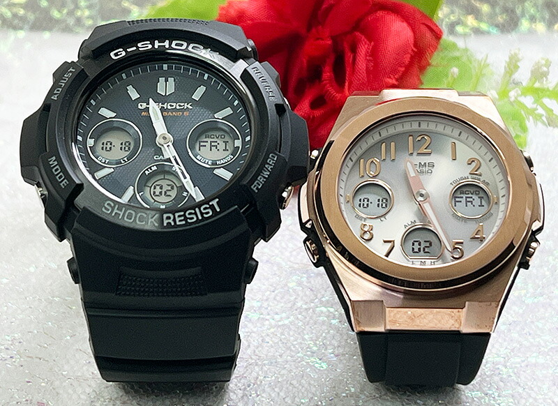 【愛の証　永遠の証】恋人たちのGショック ソーラー電波 ペアウォッチ G-SHOCK BABY-G ペア腕時計 カシオ 2本セット gショック ベビーg アナデジ AWG-M100SB-2AJF MSG-W610G-1AJF ラッピング無料 手書きのメッセージカードお付けします｜時計のジュエリータイム　ムラタ