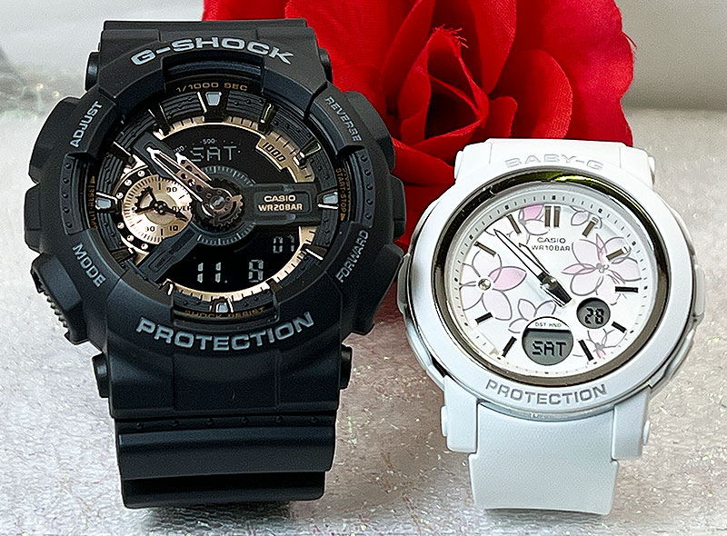 【愛の証 一緒にタフな時を刻もう】Gショックペアウオッチ Gショック ペア G-SHOCK BABY-G ペア腕時計 カシオ 2本セット GA-110RG-1AJF BGA-290FL-7AJF メッセージカード手書きします 婚約 夫婦 高級 クリスマスプレゼント 御祝い 還暦 結婚記念日 婚約｜時計のジュエリータイム　ムラタ
