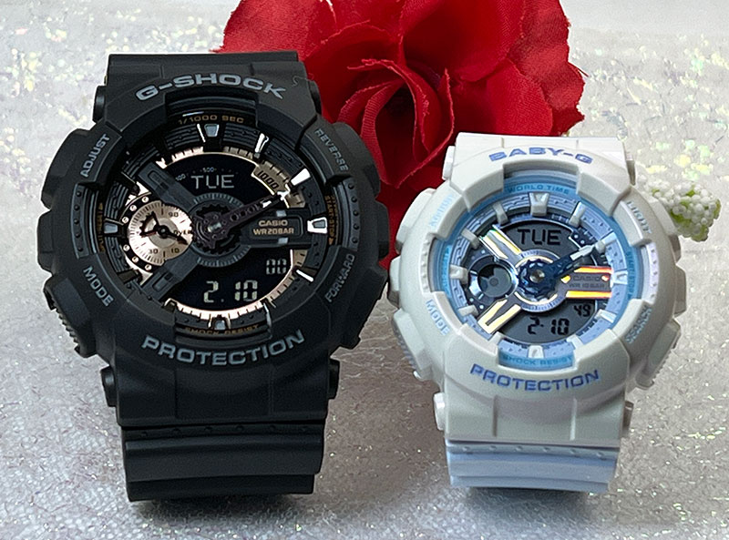 【愛の証 一緒にタフな時を刻もう】Gショック ペアウオッチ G-SHOCK BABY-G ペア腕時計 カシオ 2本セット GA-110RG-1AJF BA-110PD-2AJF 電池式 誕生日 御祝い還暦 銀婚式 結婚記念日 婚約 人気 婚約 夫婦 クリスマス プレゼント|時計のジュエリータイム ムラタ