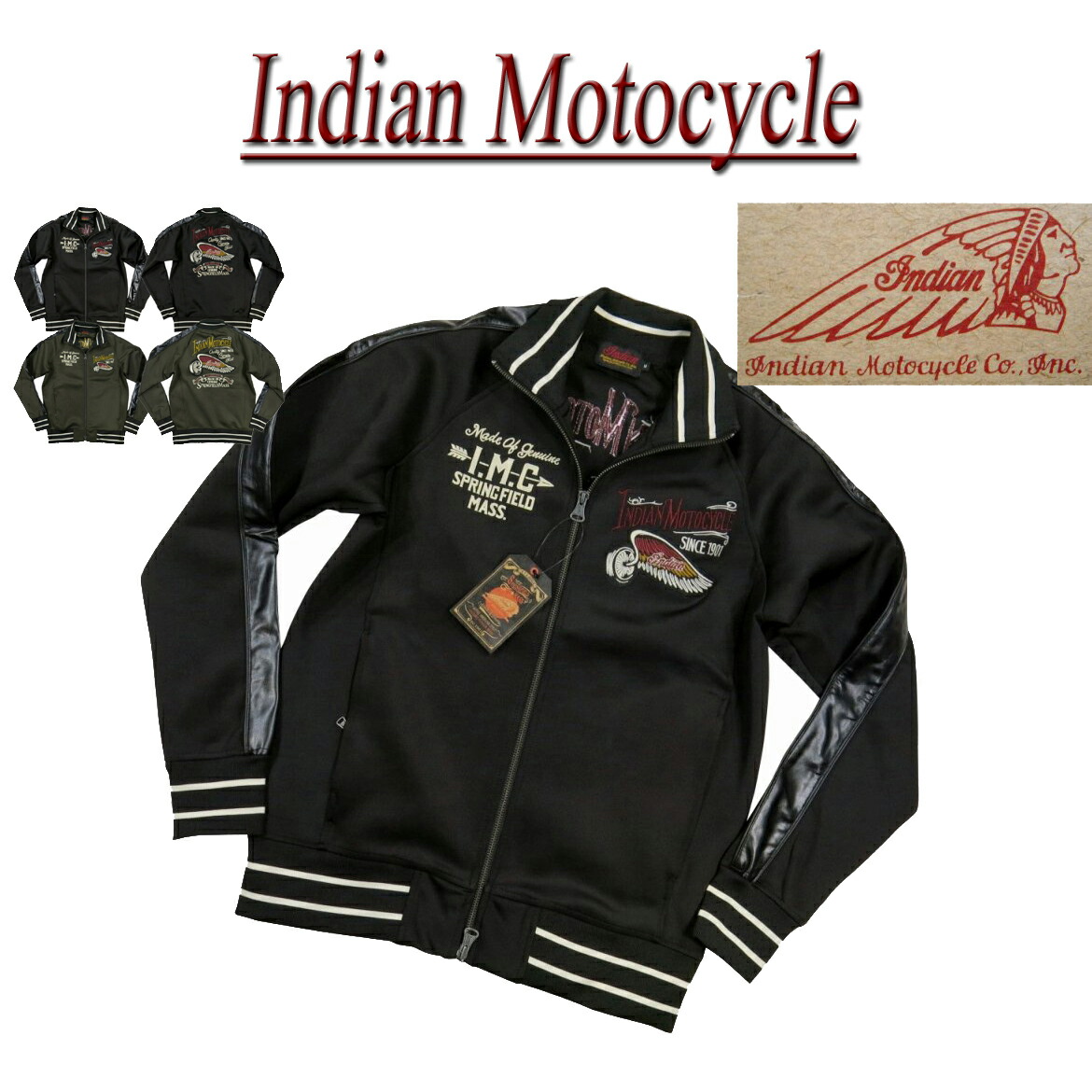 jc771 新品 INDIAN MOTOCYCLE フライングホイール刺繍 PUレザー切替 ジャージトップ IMSZ-804 メンズ インディアンモトサイクル トラックジャケット IndianMotocycle