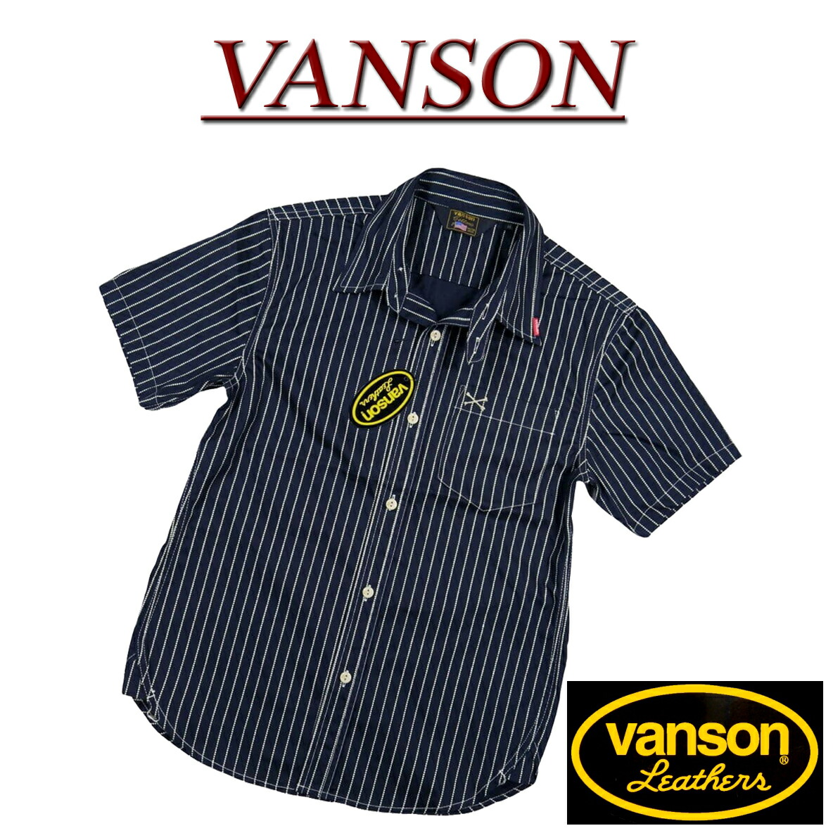 【3/11再入荷! 定番 4サイズ】 nb401 新品 VANSON クロスボーン刺繍 ウォバッシュストライプ 半袖 ワークシャツ NVSS-807 メンズ バンソン CROSSBONE WABASH STRIPE SHORT SLEEVES WORK SHIRT 【smtb-kd】｜Ｊ店＋