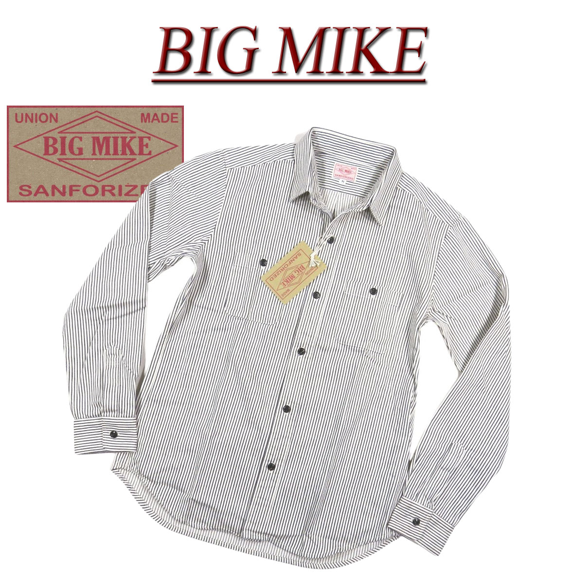 【定番 3大きさ】 ac843 新品 BIG MIKE 刷り直す 日本製 肉厚 ヒッコリーストライプ 長袖 細工物プルオーバー 101815005 メンズ ビッグマイクロホン HICKORY STRIPES WORK SHIRTS BIGMIKE Made インチ JAPAN 【smtb-kd】