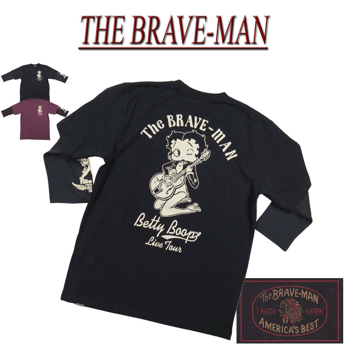【2色4サイズ】 nc761 新品 THE BRAVE-MAN × BETTY BOOP ザ・ブレイブマン × ベティ・ブープ コラボ 吸汗速乾 フェイク レイヤード 七分袖 Tシャツ BBB-2207 メンズ 長袖 Tシャツ ロンティー ロンT 【smtb-kd】