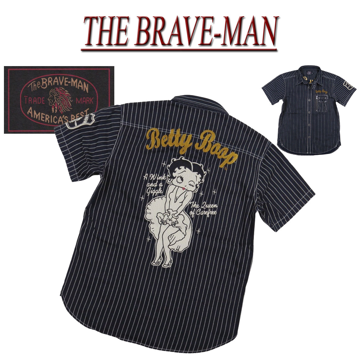 【4サイズ】 nc891 新品 THE BRAVE-MAN &times; BETTY BOOP ザ・ブレイブマン &times; ベティ・ブープ コラボ ウォバッシュストライプ 半袖 ワークシャツ BBB-2219 メンズ WABASH STRIPE SHORT SLEEVES WORK SHIRT 刺繍 チンスト マチ付 【smtb-kd】｜Ｊ店＋