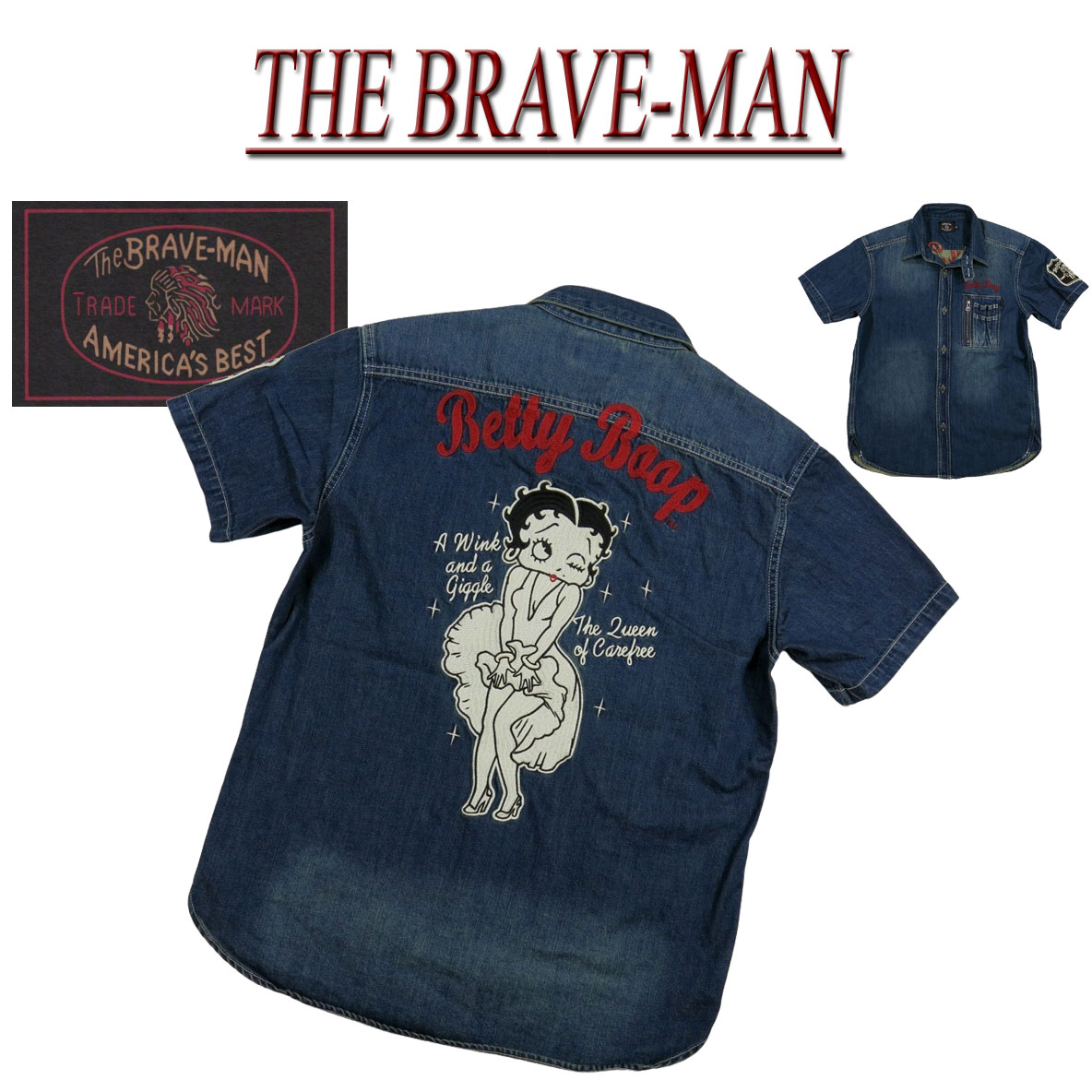 【4サイズ】 nc892 新品 THE BRAVE-MAN × BETTY BOOP ザ・ブレイブマン × ベティ・ブープ コラボ デニム 半袖 ワークシャツ BBB-2219 メンズ SHORT SLEEVES DENIM WORK SHIRT デニムシャツ 刺繍 チンスト マチ付 【smtb-kd】|J店+