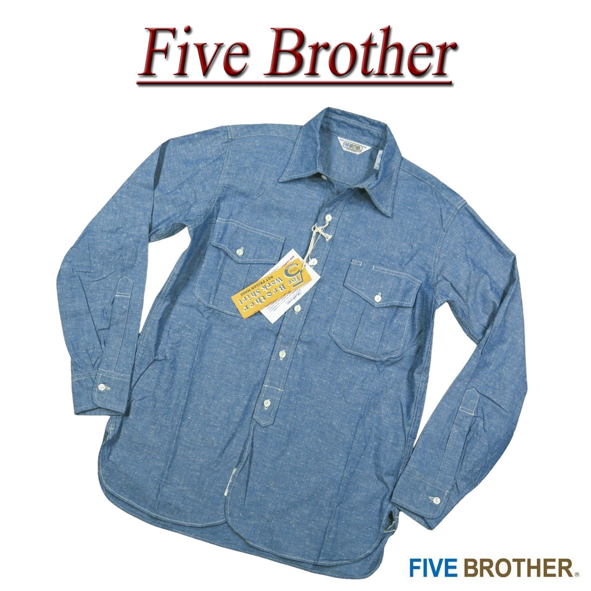 90s FIVE BROTHER Half-Zip L/S Work Shirt 紺白 XL ファイブ