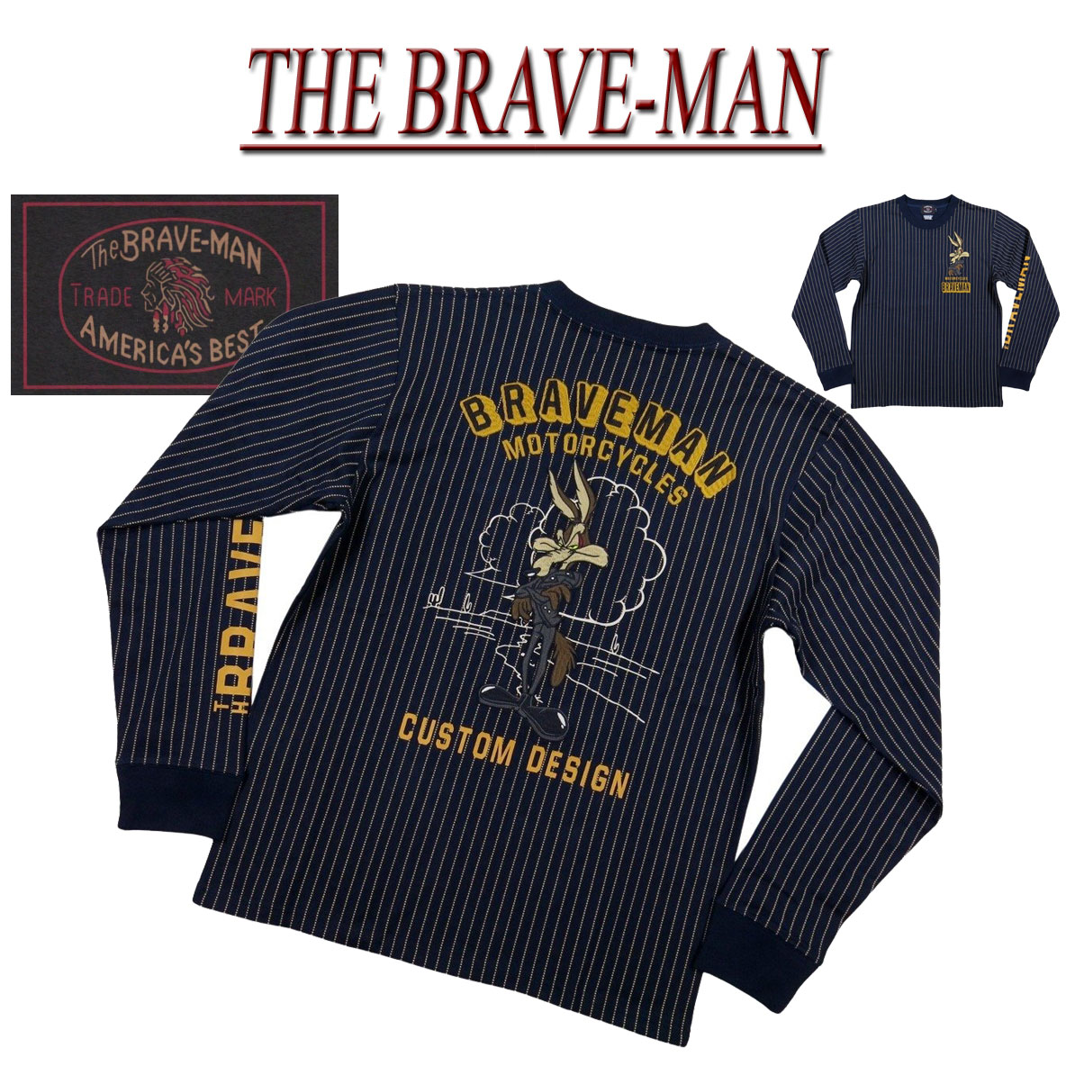 【4大いさ】 nd171 新品 THE BRAVE-MAN × LOONEY TUNES ザ・ブレイブマン × ワイリー・コヨーテ 二人三脚 刺しゅう ウォバッシュ 縞模様 ロンT LTB-2204 メンズ 長袖 ティーシャツ ルーニーチューン ロンティー 【smtb-kd】