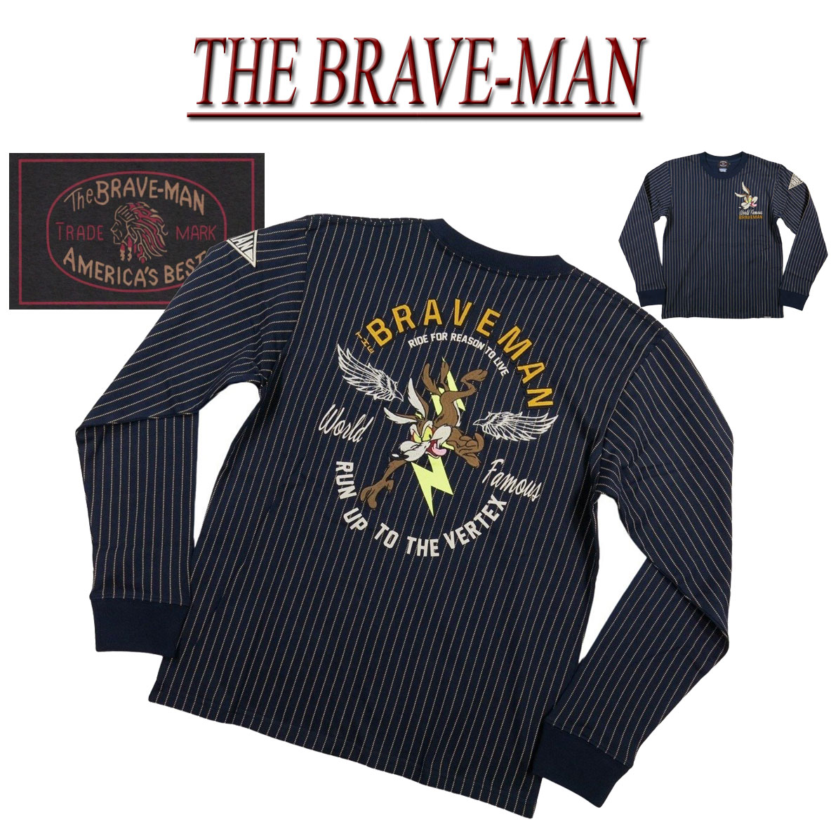 【4大きさ】 nd291 新品 THE BRAVE-MAN × LOONEY TUNES ザ・ブレイブマン × ワイリー・コヨーテ 共同研究 刺しゅう ウォバッシュ 縞模様 ロンT LTB-2301 メンズ 長袖 ティーシャツ ルーニーチューン ロンティー 【smtb-kd】