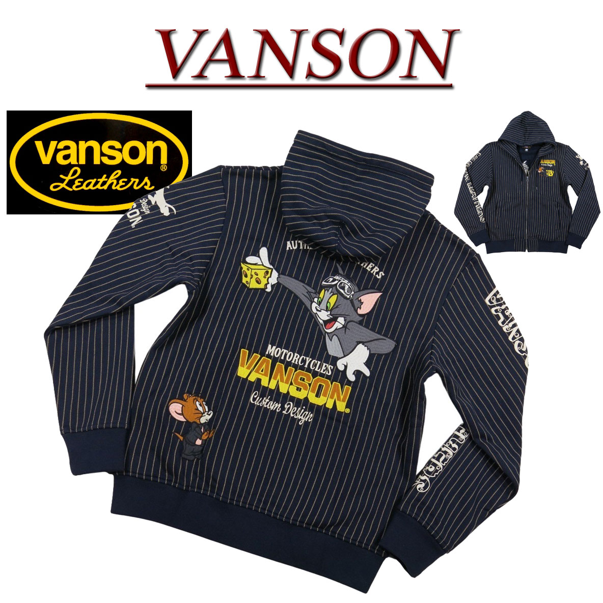 【4大きさ】nd332 新品 VANSON × TOM \u0026 JERRY トムとゼラチン 共同研究 刺しゅう ウォバッシュ 縞模様 ジップパーカー TJV-2304 メンズ バンソン 裏毛 汗水 汗水 ボンネット 【smtb-kd】