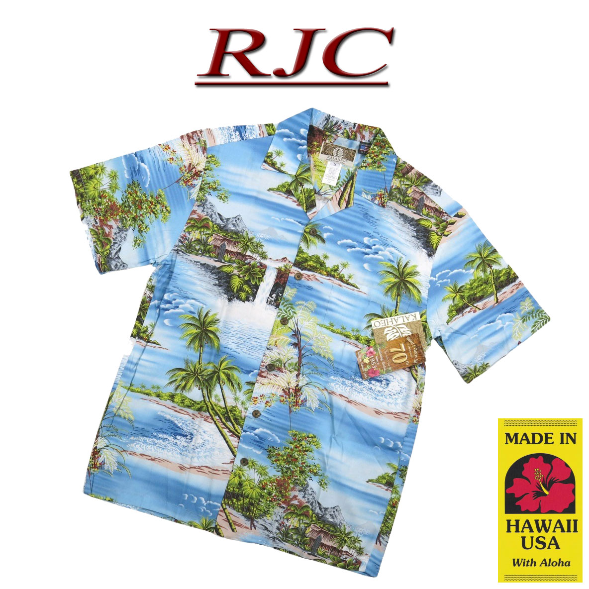 【4大きさ】 ad421 新品 KALAHEO アロハ州製 砂浜 ヤシ科の木柄 半袖 人絹 アロハシャツ RJC258 メンズ カラヘオ ロバートJクランシー アールジェイシー アロハ ハワイアンプルオーバー RJC Made インチ HAWAII USA 【smtb-kd】