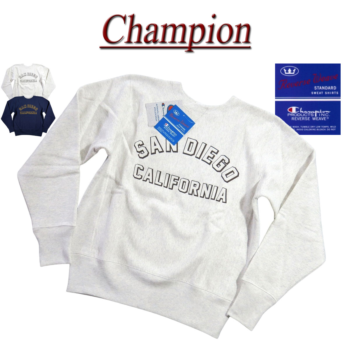 【2色4サイズ】 jh231 新品 Champion 11.5oz USAコットン リバースウィーブ 青単タグ カレッジプリント スウェットシャツ C3-A022 メンズ チャンピオン REVERSE WEAVE 裏起毛 トレーナー スエット 青単色タグ 【smtb-kd】|J店+