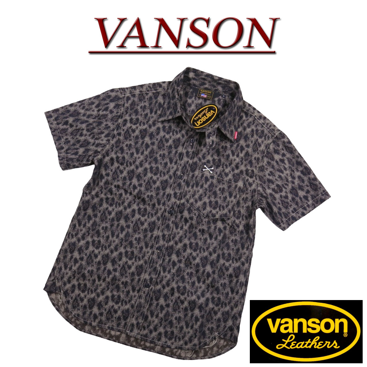 【3/11再入荷! 定番 4大きさ】 nb406 新品 VANSON クロスボーン刺しゅう 半袖 ヒョウ柄 細工物プルオーバー NVSS-807 メンズ バンソン レオパード CROSSBONE SHORT SLEEVES WORK SHIRT 【smtb-kd】