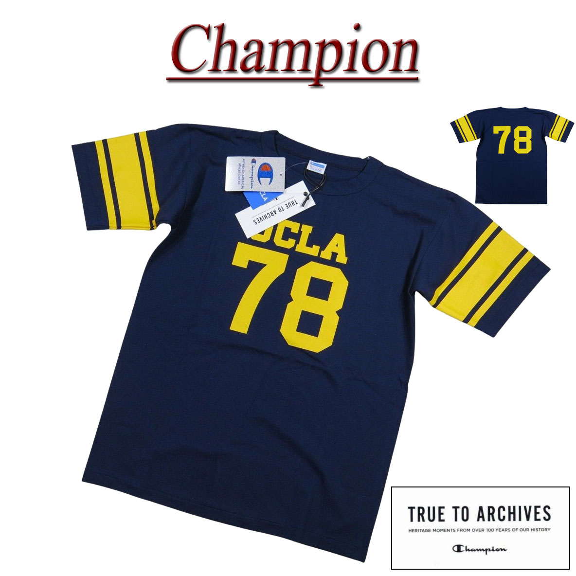 【4/7再入荷! 4サイズ】 jh632 新品 Champion &times; UCLA コラボ 日本製 70-80&rsquo;s ビンテージ 復刻モデル バータグ 1/4スリーブ フットボール Tシャツ C3-R339 メンズ チャンピオン&times;カリフォルニア大学 カレッジプリント TRUE TO ARCHIVES Made in JAPAN 【smtb-kd】｜Ｊ店＋