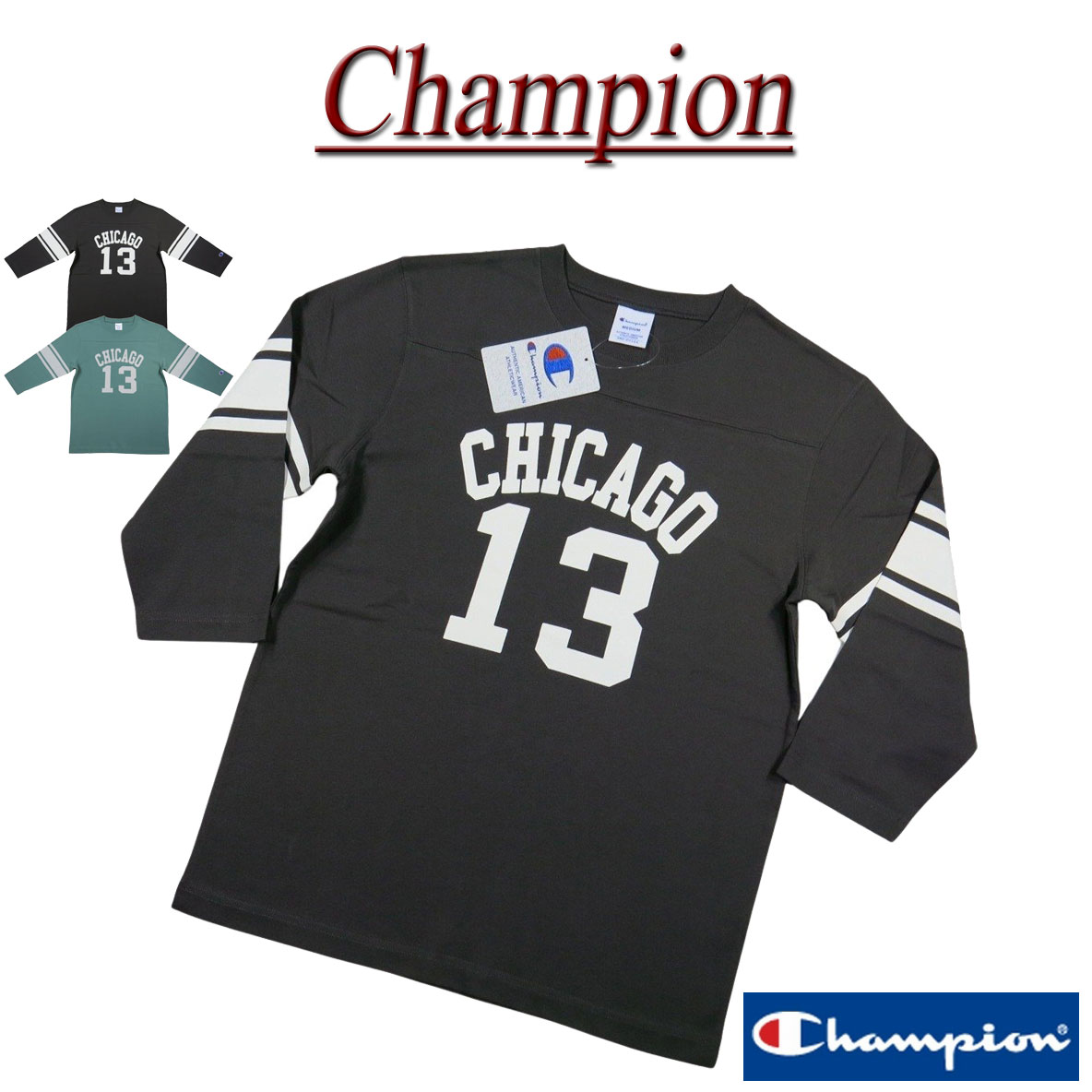 【12/26再入荷! 2025秋冬 2色4サイズ】 jh751 新品 Champion トリコロールタグ USAコットン カレッジプリント 七分袖 フットボール Tシャツ C3-C424 メンズ チャンピオン ラバープリント COTTON USA ティーシャツ 長袖 ロンティー トリコタグ 【smtb-kd】