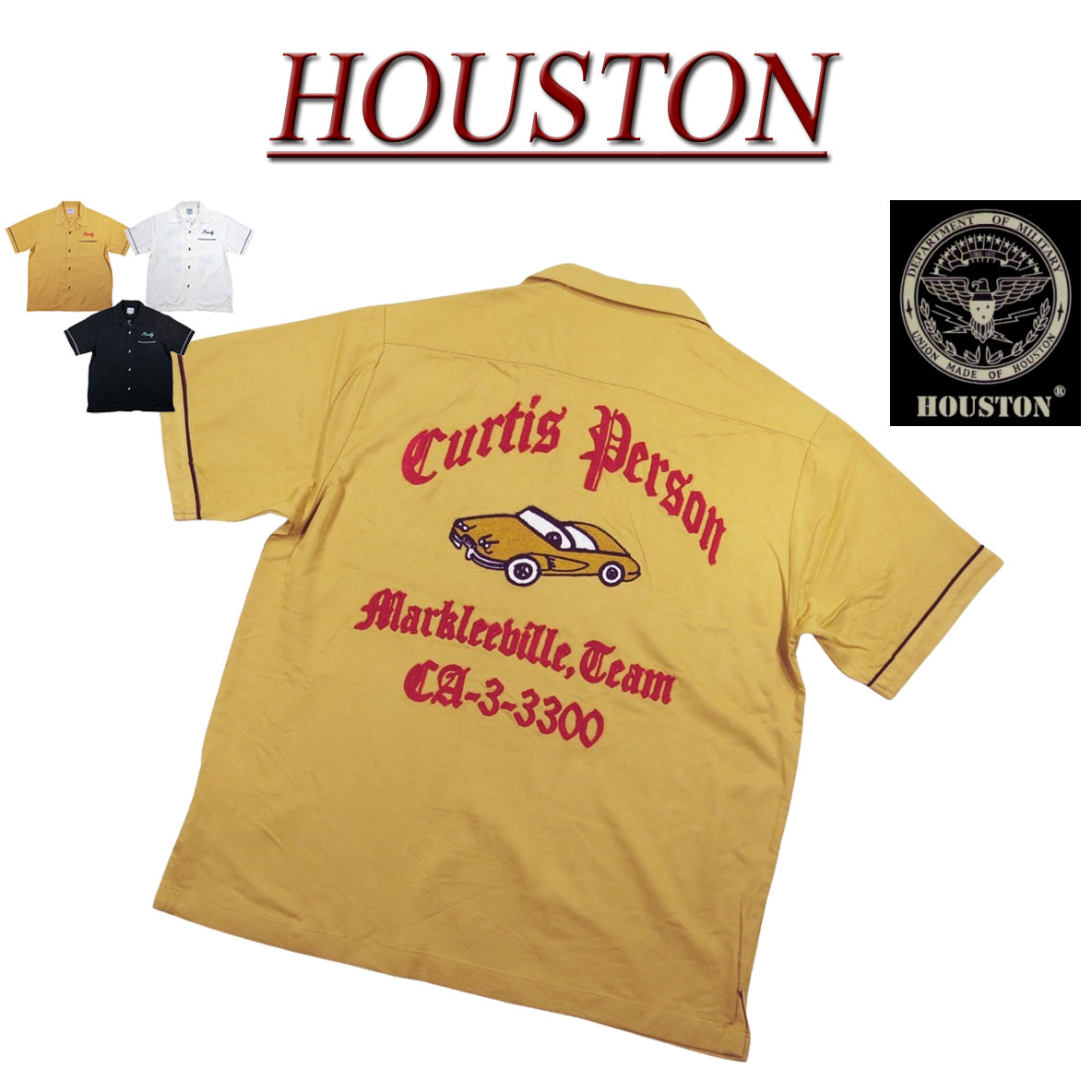 【5/22再入荷! 2026春夏 3色4大きさ】 ji082 新品 HOUSTON CAR チェーン店刺しゅう 人絹 半袖 刺し通すプルオーバー 41304 メンズ ヒューストン S/S BOWLING SHIRT ボウリングプルオーバー 細工物プルオーバー アメカジ 【smtb-kd】