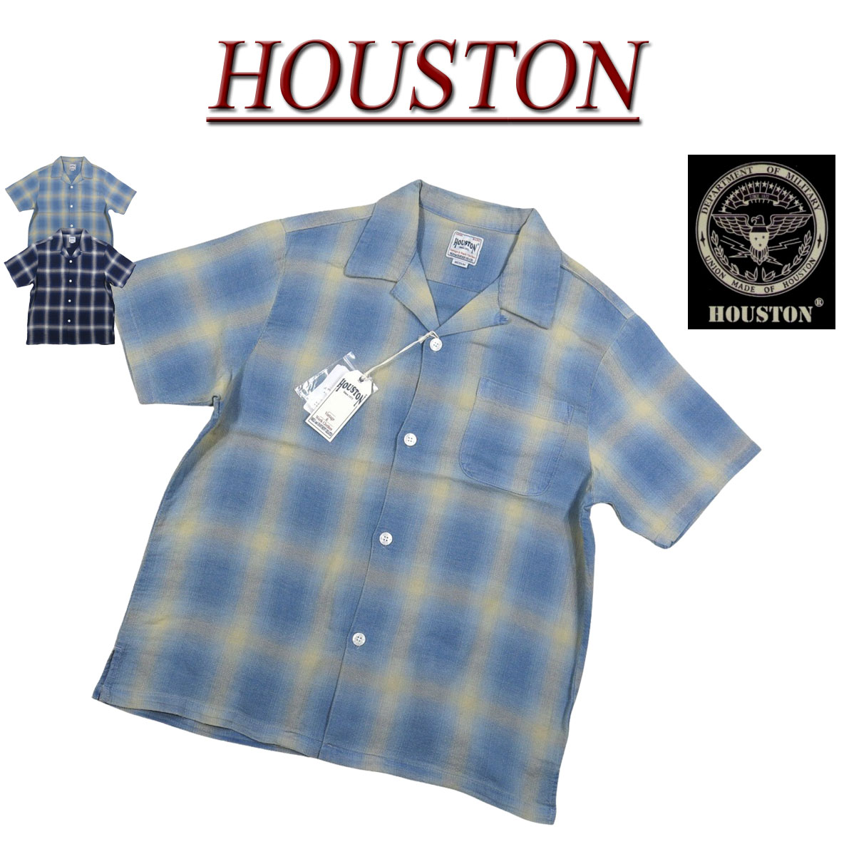 【4/14再入荷! 定番 2色4サイズ】 ji101 新品 HOUSTON インディゴ ヘリンボーン ブリーチ加工半袖 オンブレチェック ワークシャツ 41273 メンズ ヒューストン INDIGO HB OMBRE CHECK S/S SHIRTチェックシャツ オープンカラーシャツ オーバーダイ アメカジ 【smtb-kd】