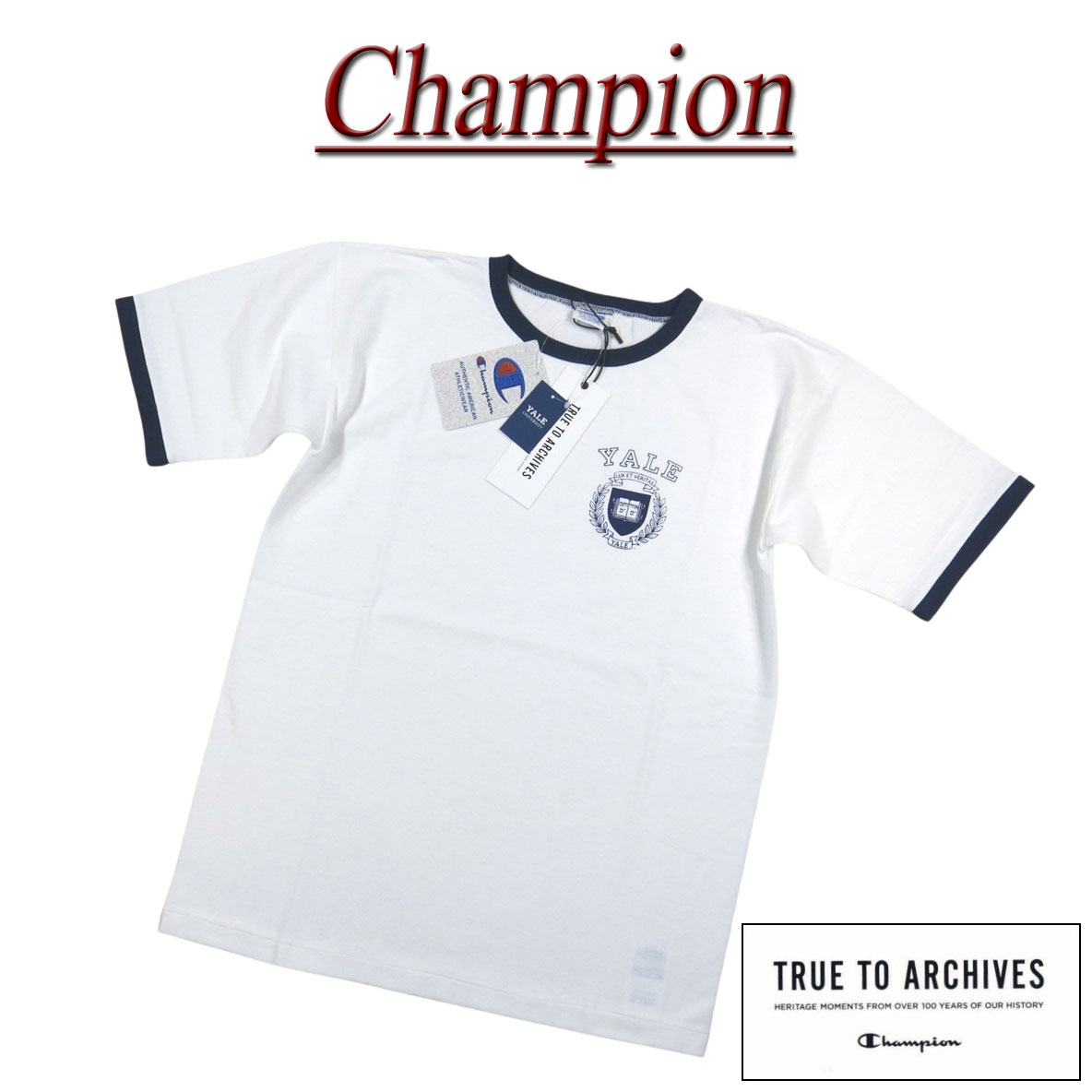 【2026春夏 4サイズ】 ji212 新品 Champion × YALEコラボ TRUE TO ARCHIVES 日本製 70-80’s ビンテージ 復刻モデル バータグ 染み込みプリント 半袖 リンガーTシャツ C3-X336 メンズ チャンピオン × イエール大学 Made in JAPAN【smtb-kd】