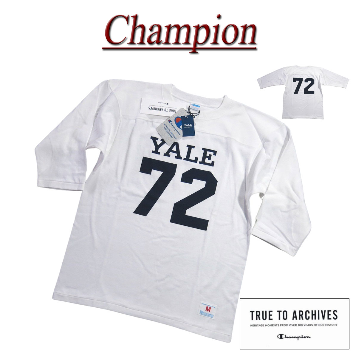 【4/28再入荷! 2026春夏 4大きさ】 ji261 新品 Champion × YALE共同研究 TRUE TO ARCHIVES 日本製 60-70’s ビンテージ 刷り直す模範例 赤ちょうちん引き船 3/4捩り 蹴球プルオーバー C3-R413 メンズ はやりっ子 × イエール単科大学 P12 3/4 SLEEVE  Made インチ JAPAN【smtb-kd】