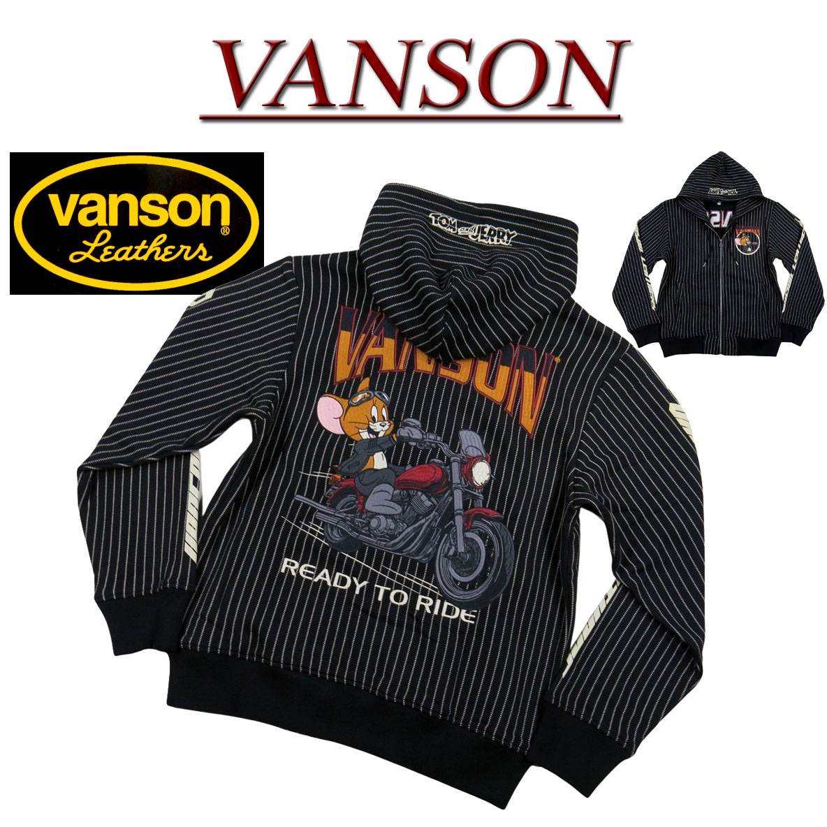 【2025秋冬 4大きさ】ne491 新品 VANSON × TOM \u0026 JERRY トムとゼラチン 共同研究 刺しゅう ウォバッシュ 縞模様 ジップパーカー TJV-2533 メンズ バンソン 裏毛 汗水 汗水 ボンネット 【smtb-kd】