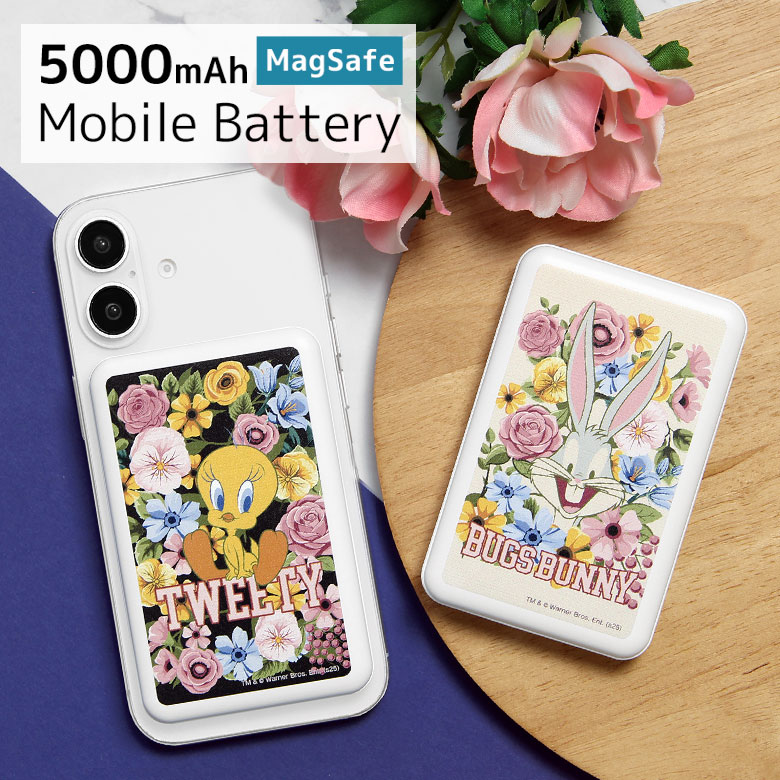 【PSE適合品】ルーニー・テューンズ MagSafe モバイルバッテリー 5000mAh ワイヤレス マグネット式 磁石 USB Type-A Type-C Cポート 急速充電 リチウム充電器 スマホ 充電器 iPhone Android 防災