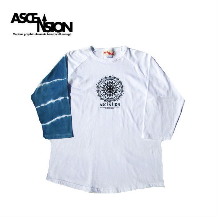 貨物輸送無料 ASCENSION（アセンション）ラグラン衣袂７分TEE  藍染タイダイ （黒部の名水染めつづき物）メンズ・レディース・自然的・刷り上げる・事あたらしい ロンティ 座標 as-806