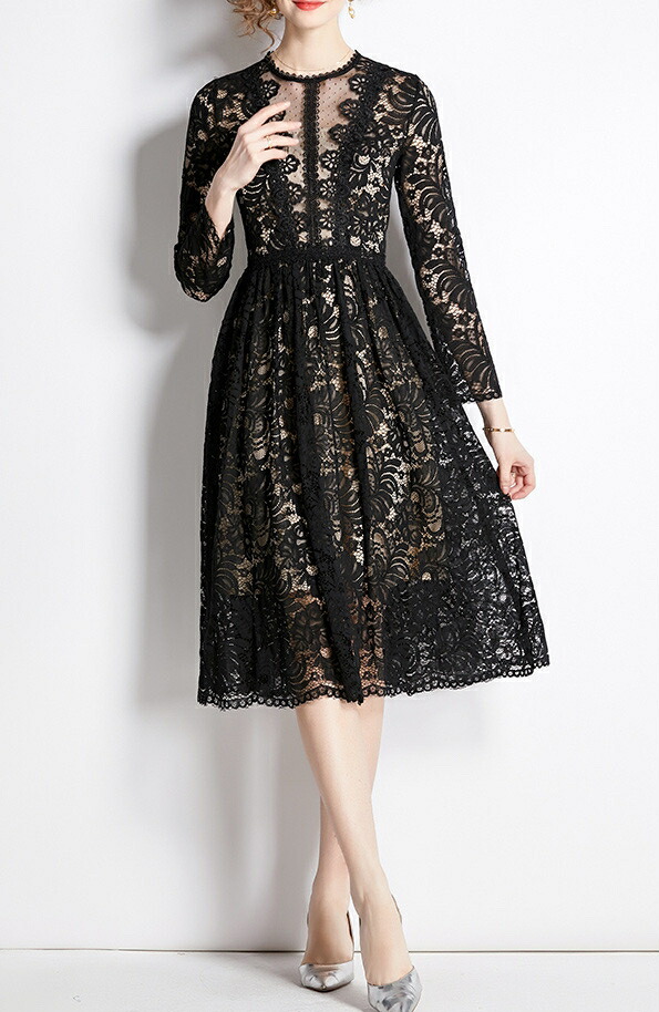 【限定全品15%OFF&ポイント2倍】花柄 レース ロングワンピース パーティードレス きれいめ 膝丈 ワンピース 結婚式 ドレス 二次会 長袖ニットワンピース ドレス お呼ばれ 結婚式ワンピース 大人 20代 30代 40代 フォーマル 春 秋 冬 黒 春物