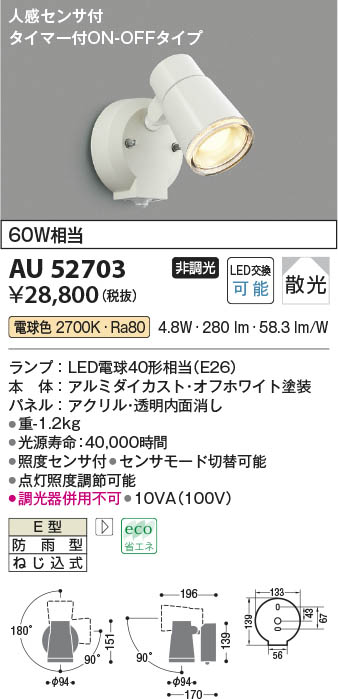 【最安値に挑戦】　 コイズミ照明 koizumi ＬＥＤ防雨型スポット*AU52703